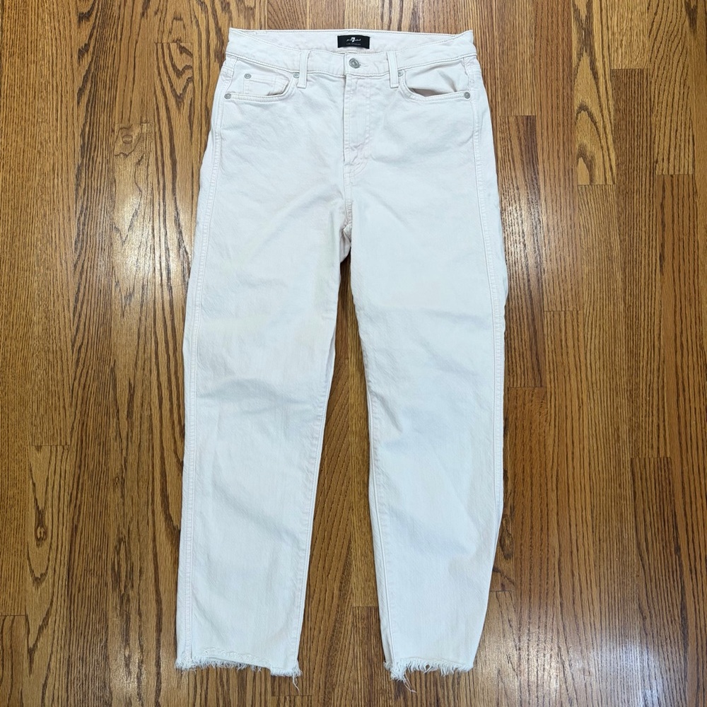 7 For All Mankind White High Waist Cropped Straight Jeans - Picture 6 of 16